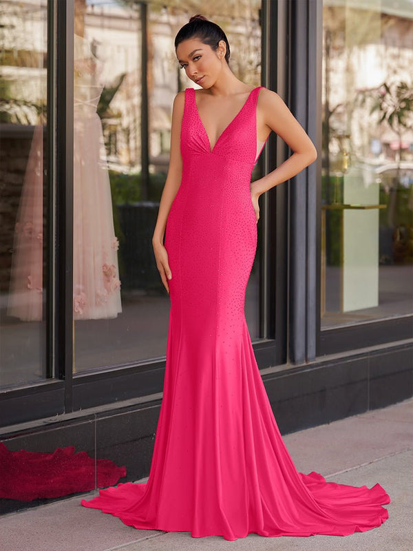 Mermaid Deep V-Neck Beaded Satin Long Prom Dress – Prom Dress by KissProm | Available at KissProm