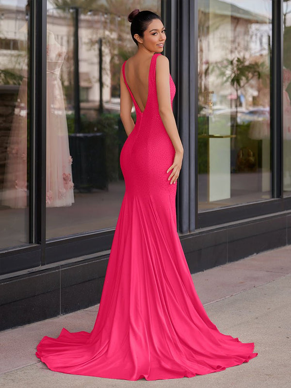 Mermaid Deep V-Neck Beaded Satin Long Prom Dress – Prom Dress by KissProm | Available at KissProm