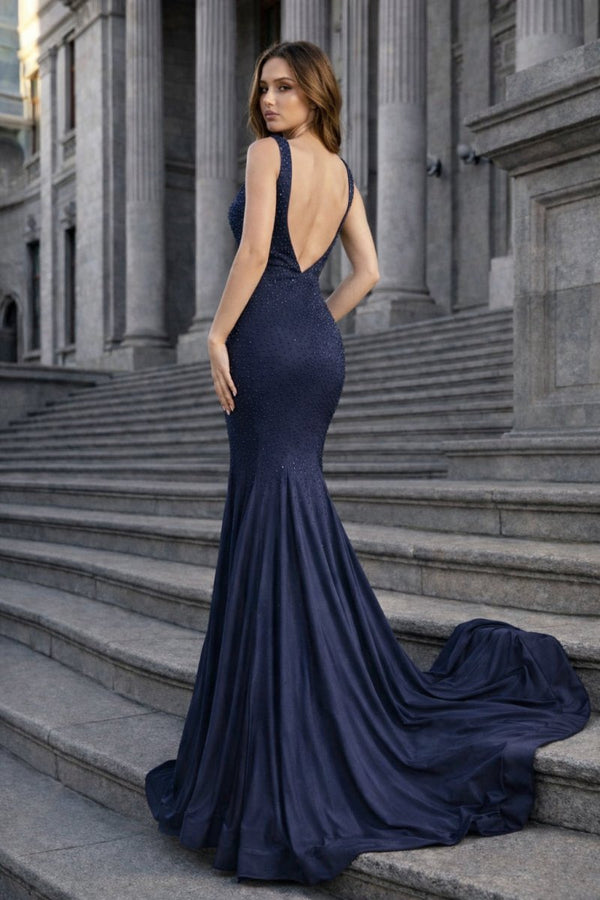 Mermaid Deep V-Neck Beaded Satin Long Prom Dress – Prom Dress by KissProm | Available at KissProm