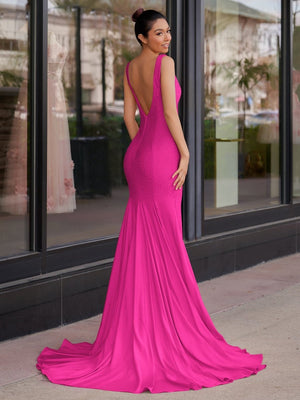 Mermaid Deep V-Neck Beaded Satin Long Prom Dress – Prom Dress by KissProm | Available at KissProm