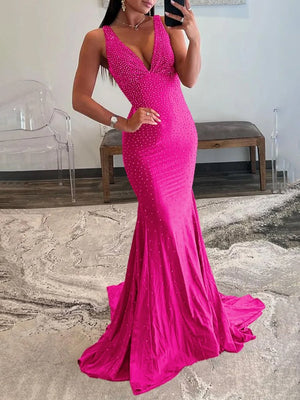 Mermaid Deep V-Neck Beaded Satin Long Prom Dress – Prom Dress by KissProm | Available at KissProm