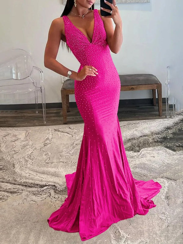 Mermaid Deep V-Neck Beaded Satin Long Prom Dress – Prom Dress by KissProm | Available at KissProm