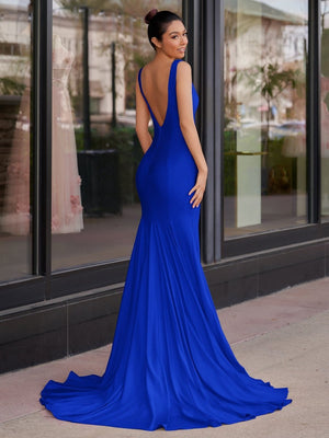 Mermaid Deep V-Neck Beaded Satin Long Prom Dress – Prom Dress by KissProm | Available at KissProm