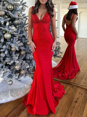 Mermaid Deep V-Neck Beaded Satin Long Prom Dress – Prom Dress by KissProm | Available at KissProm