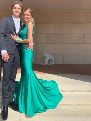 Mermaid Deep V-Neck Beaded Satin Long Prom Dress – Prom Dress by KissProm | Available at KissProm