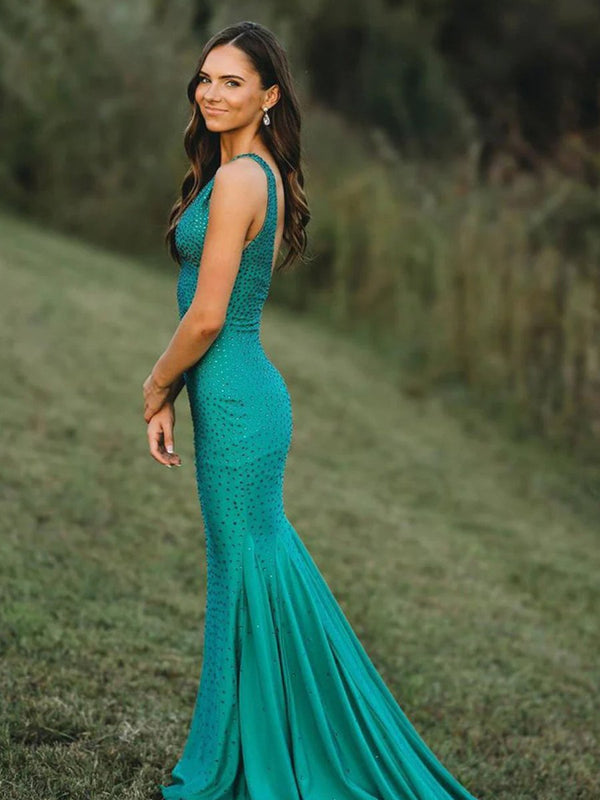 Mermaid Deep V-Neck Beaded Satin Long Prom Dress – Prom Dress by KissProm | Available at KissProm