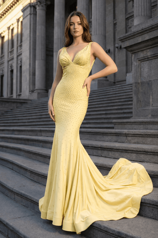 Mermaid Deep V-Neck Beaded Satin Long Prom Dress – Prom Dress by KissProm | Available at KissProm