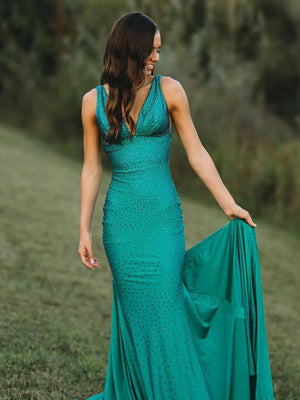Mermaid Deep V-Neck Beaded Satin Long Prom Dress – Prom Dress by KissProm | Available at KissProm