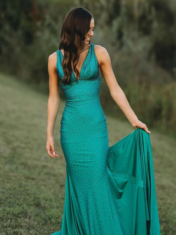 Mermaid Deep V-Neck Beaded Satin Long Prom Dress – Prom Dress by KissProm | Available at KissProm