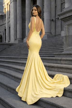 Mermaid Deep V-Neck Beaded Satin Long Prom Dress – Prom Dress by KissProm | Available at KissProm
