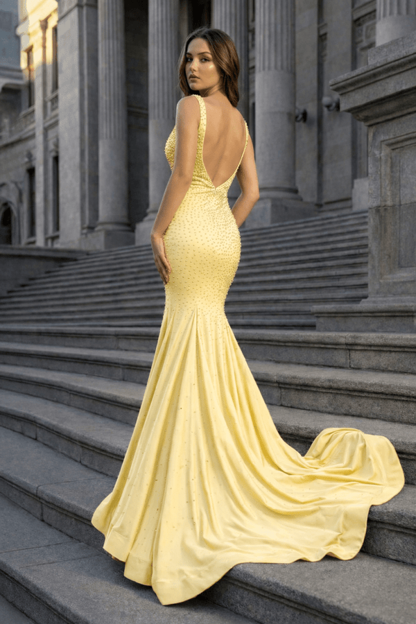 Mermaid Deep V-Neck Beaded Satin Long Prom Dress – Prom Dress by KissProm | Available at KissProm