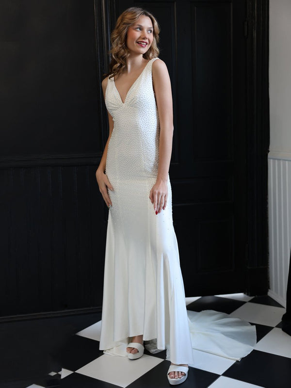 Mermaid Deep V-Neck Beaded Satin Long Prom Dress – Prom Dress by KissProm | Available at KissProm