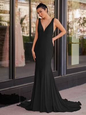 Mermaid Deep V-Neck Beaded Satin Long Prom Dress – Prom Dress by KissProm | Available at KissProm
