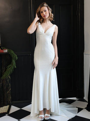 Mermaid Deep V-Neck Beaded Satin Long Prom Dress – Prom Dress by KissProm | Available at KissProm