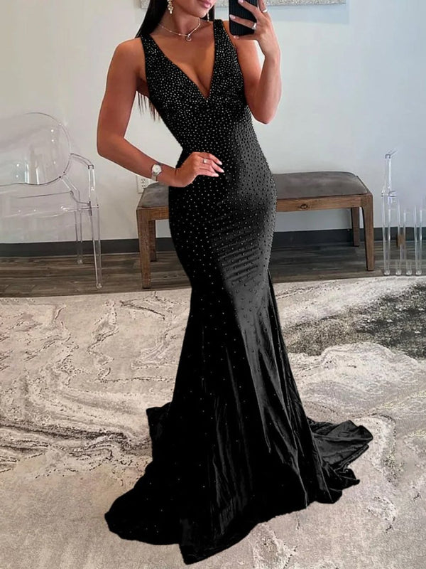 Mermaid Deep V-Neck Beaded Satin Long Prom Dress – Prom Dress by KissProm | Available at KissProm