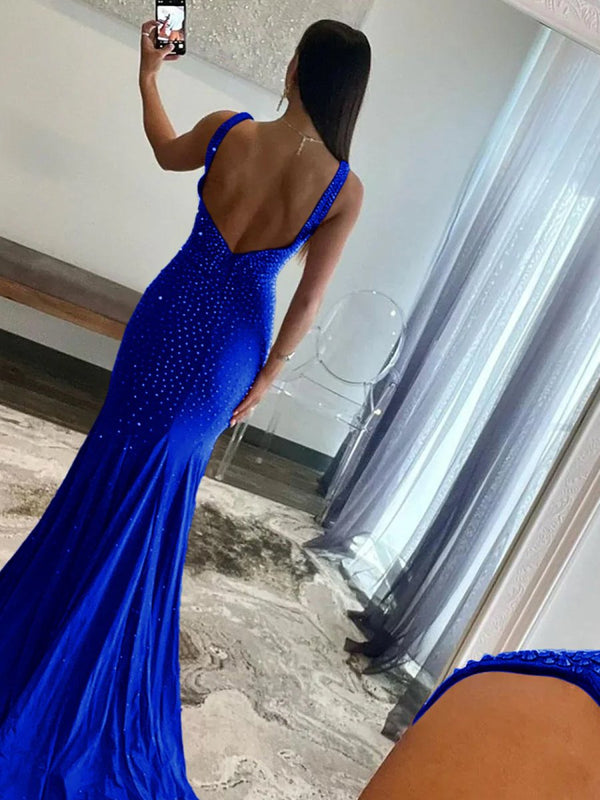 Mermaid Deep V-Neck Beaded Satin Long Prom Dress – Prom Dress by KissProm | Available at KissProm
