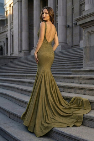 Mermaid Deep V-Neck Beaded Satin Long Prom Dress – Prom Dress by KissProm | Available at KissProm