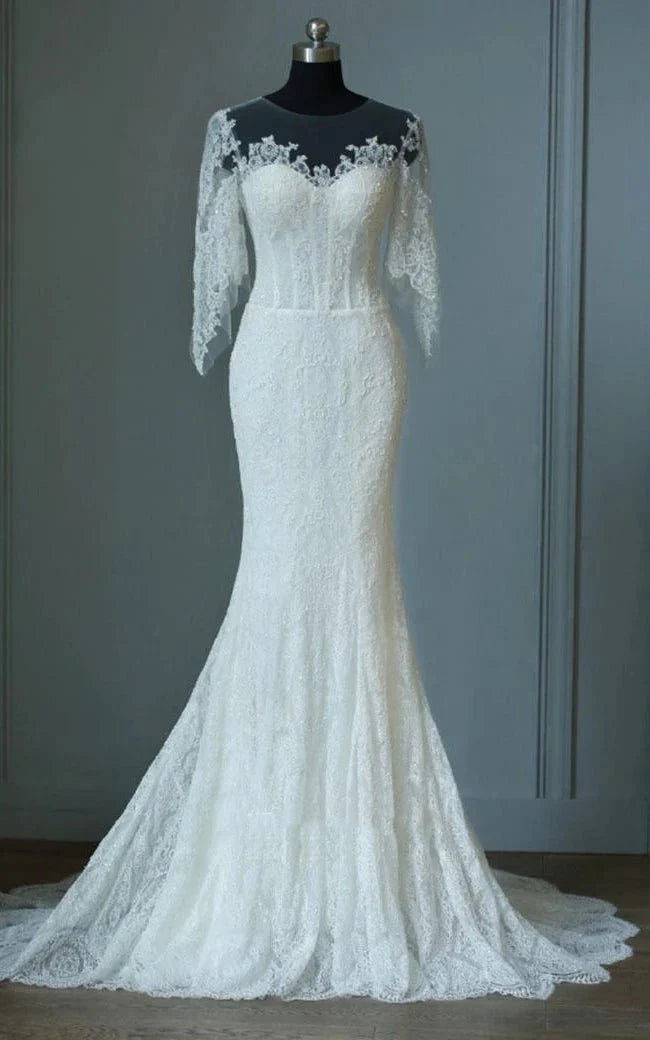 Mermaid Sweep-Train Half Sleeve Bell Zipper Keyhole Lace Dress