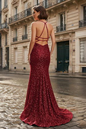 Mermaid Halter Sequins Long Prom Dress with Silt - KissProm