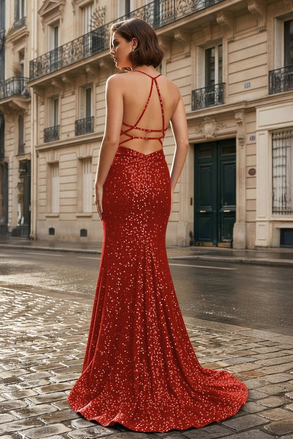 Mermaid Halter Sequins Long Prom Dress with Silt - KissProm