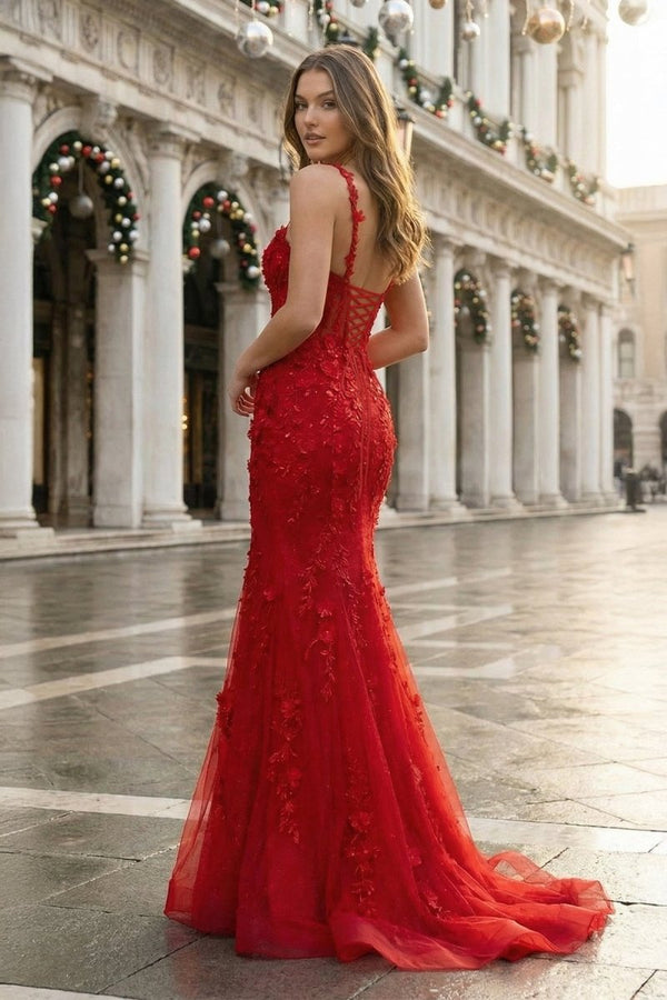 Red Mermaid Halter Lace Mermaid Long Prom Dress - KissProm