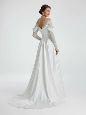 Mermaid Off - the - Shoulder Satin Lace Wedding Dress - KissProm