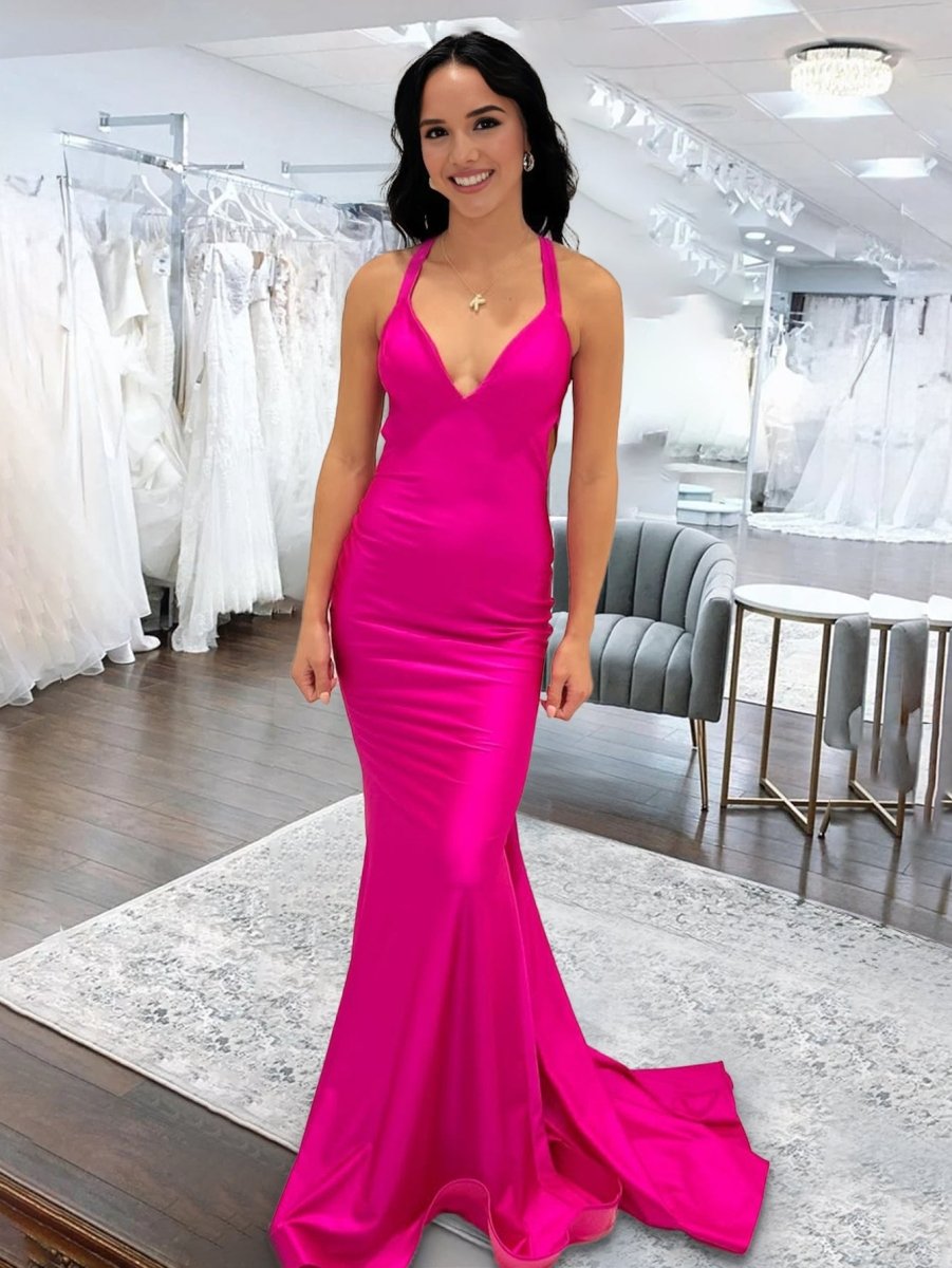 Angela |Mermaid Pink V Neck Backless Satin Long Prom Dress - KissProm