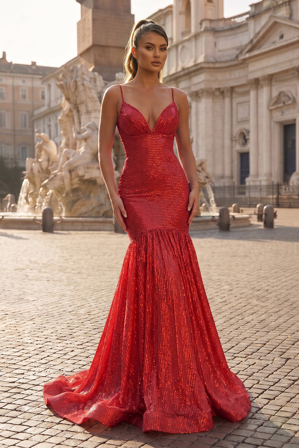 Mermaid Red V Neck Sequins Prom Dress - KissProm
