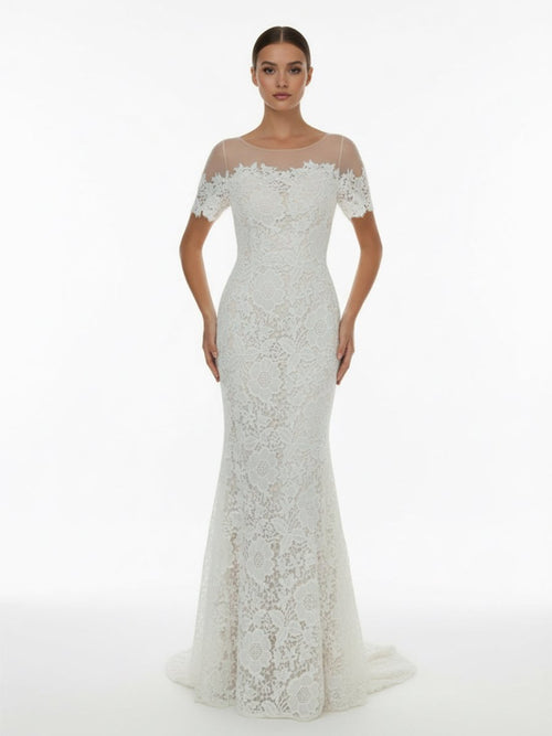 Mermaid Scoop Illusion Neck Floral Wedding Dress - KissProm