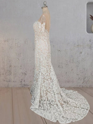 Mermaid Scoop Illusion Neck Floral Wedding Dress - KissProm