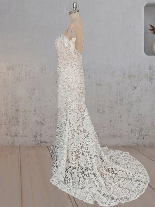 Mermaid Scoop Illusion Neck Floral Wedding Dress - KissProm