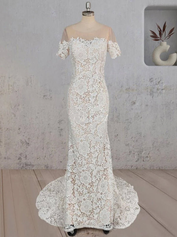 Mermaid Scoop Illusion Neck Floral Wedding Dress - KissProm