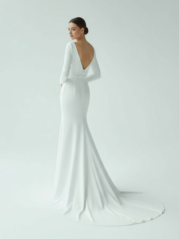 Mermaid Scoop Neck V Back Satin Wedding Dress - KissProm