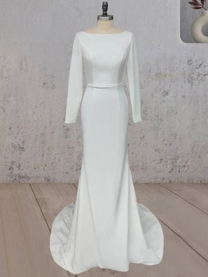 Mermaid Scoop Neck V Back Satin Wedding Dress - KissProm