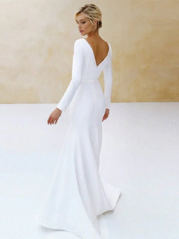 Mermaid Scoop Neck V Back Satin Wedding Dress - KissProm
