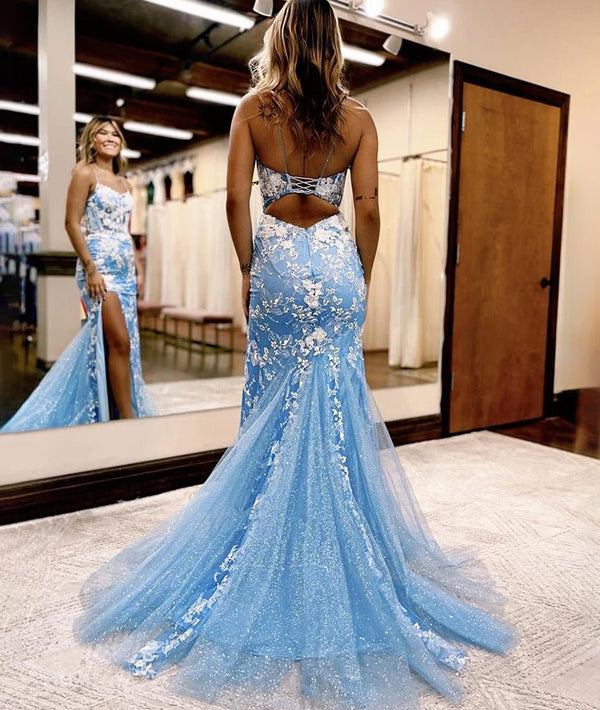 Mermaid Spaghetti Straps Lace Tulle Prom Dress with Slit – Prom Dress by KissProm | Available at KissProm