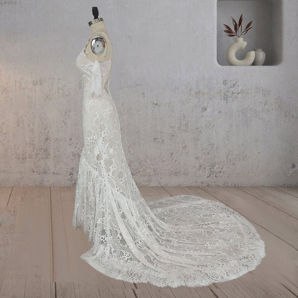 Mermaid White Halter Neck Lace Wedding Dress - KissProm