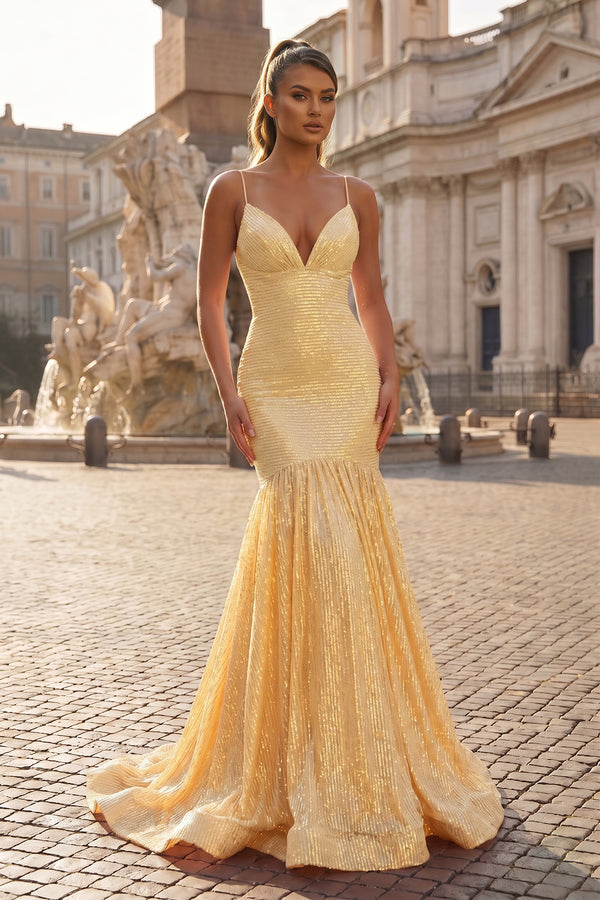 Mermaid Yellow V Neck Sequins Prom Dress - KissProm