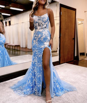 Mermaid Spaghetti Straps Lace Tulle Prom Dress with Slit – Prom Dress by KissProm | Available at KissProm