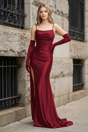 Black Spaghetti Straps High Slit Mermaid Satin Pleated Prom Dress - KissProm