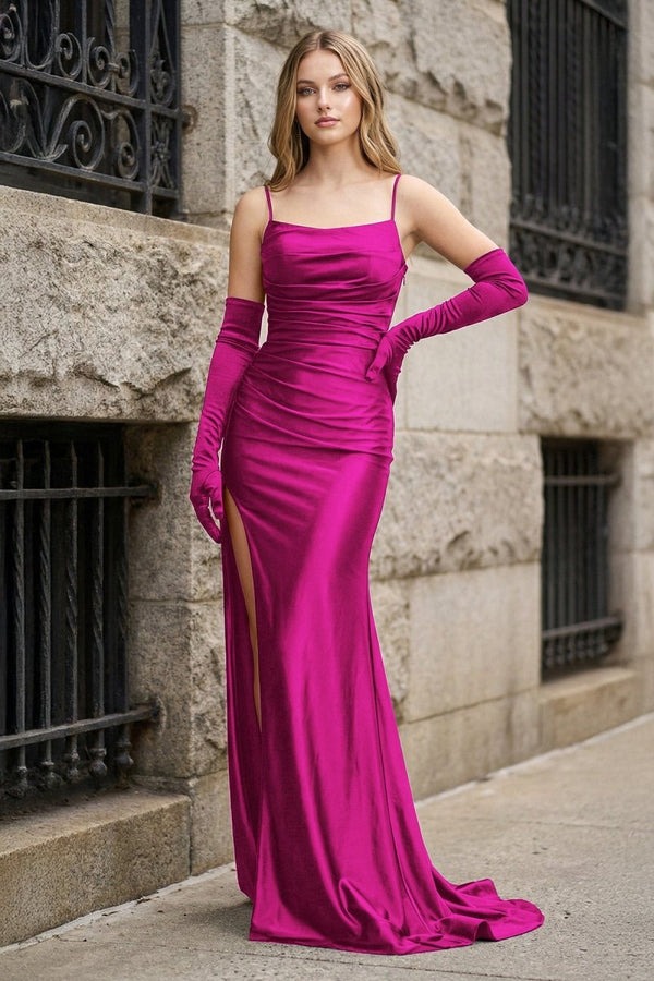 Black Spaghetti Straps High Slit Mermaid Satin Pleated Prom Dress - KissProm