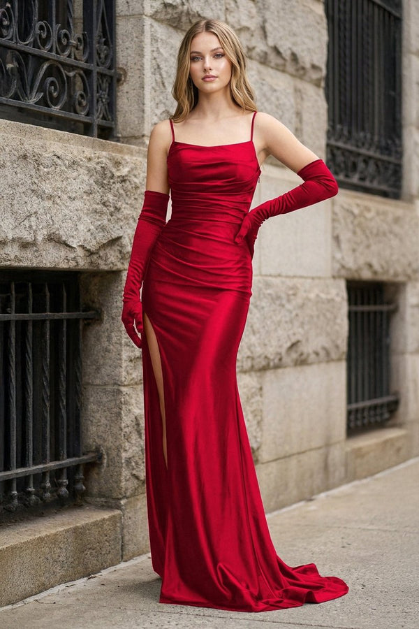 Black Spaghetti Straps High Slit Mermaid Satin Pleated Prom Dress - KissProm