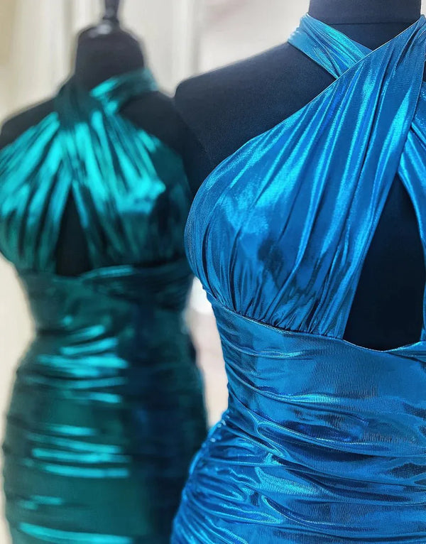 Metallic Emerald Green Halter Tight Satin Homecoming Dress - KissProm
