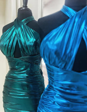 Metallic Emerald Green Halter Tight Satin Homecoming Dress - KissProm