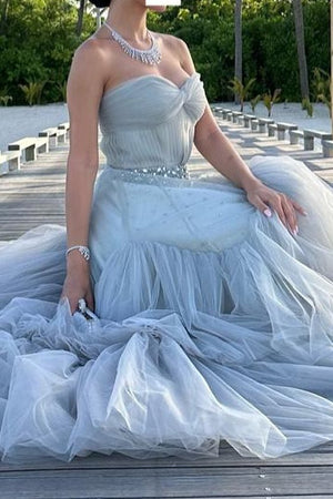 Mika | Strapless A - Line Tulle Long Prom Dress With Beading - KissProm
