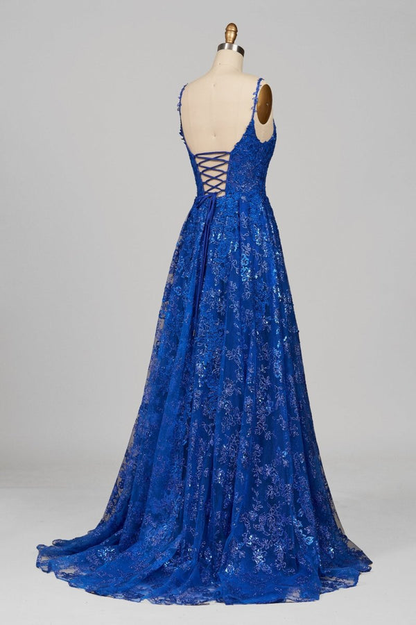 Mikaela | Royal Blue - A - Line Sequined Lace V Neck Long Prom Dresses - KissProm