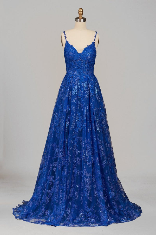 Mikaela | Royal Blue - A - Line Sequined Lace V Neck Long Prom Dresses - KissProm