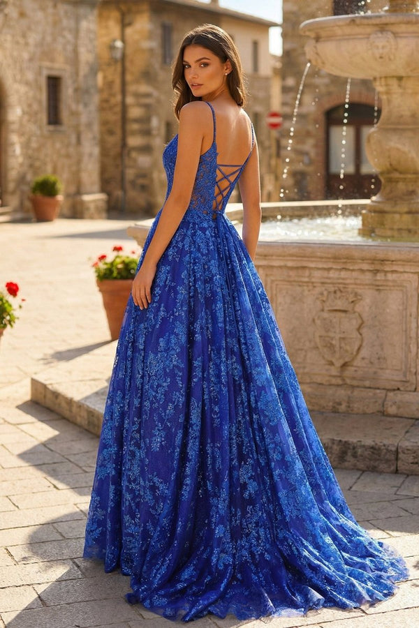 Royal Blue - A - Line Sequined Lace Spaghetti Straps Long Prom Dresses - KissProm