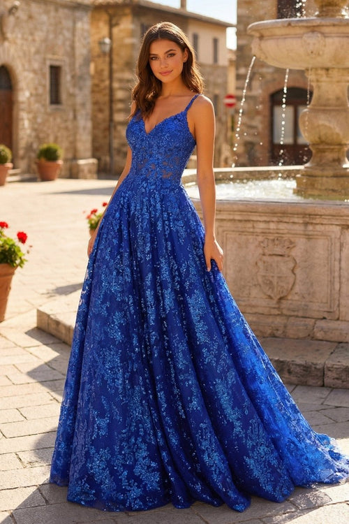 Royal Blue - A - Line Sequined Lace Spaghetti Straps Long Prom Dresses - KissProm