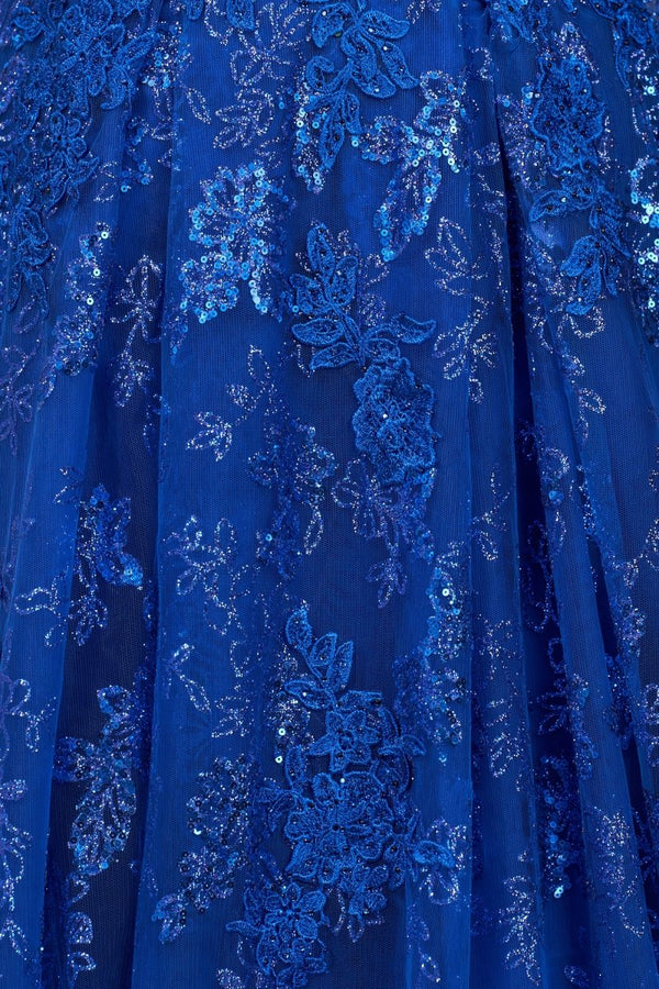 Mikaela | Royal Blue - A - Line Sequined Lace V Neck Long Prom Dresses - KissProm